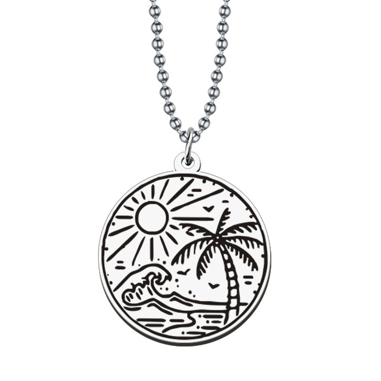 Wholesale Outdoor Travel Scenery Stainless Steel Round Plate Necklace Keychain